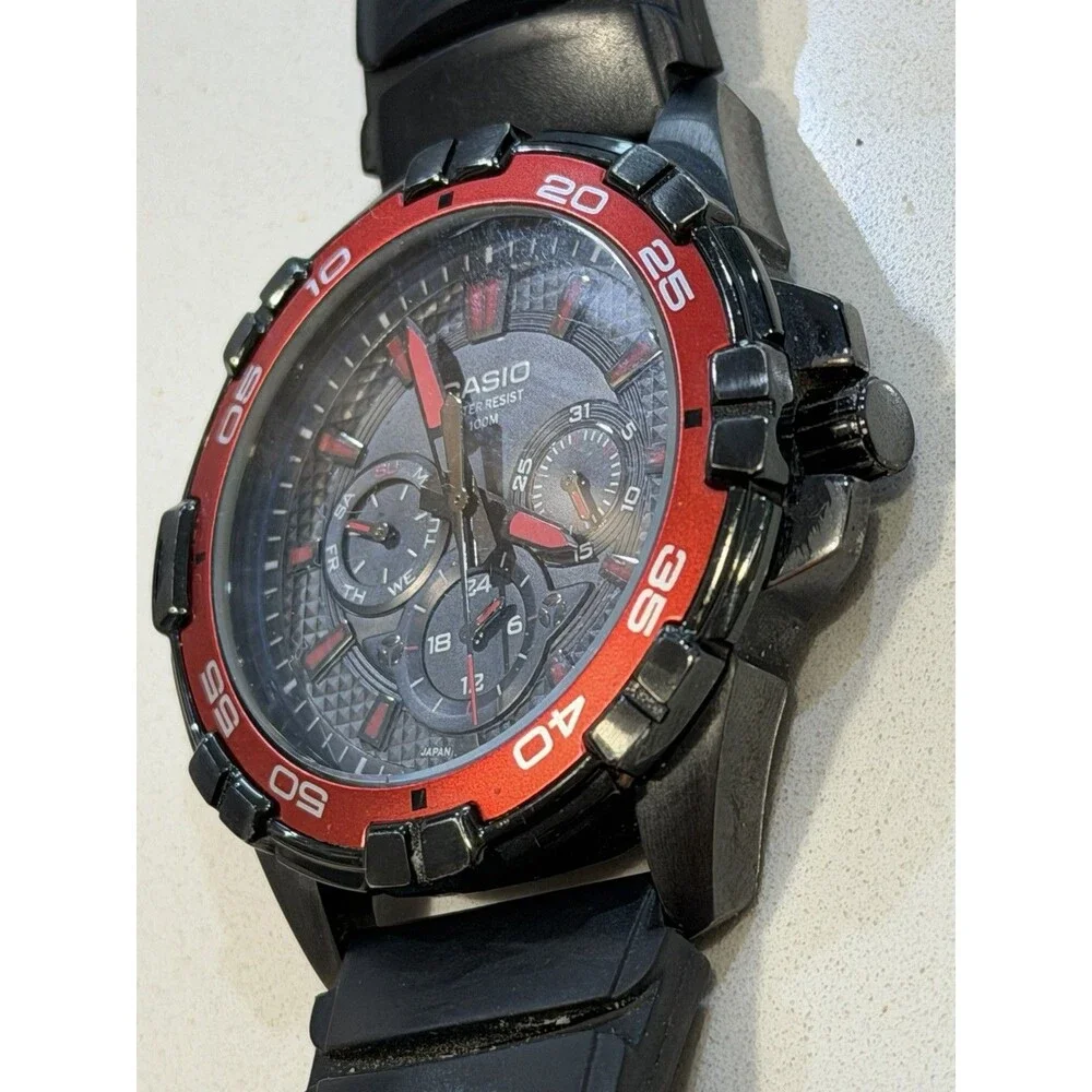 Casio MTD-1069 5071 Men’s Black Red Analog Watch 100M New Battery Working